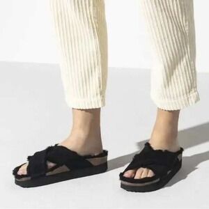 Papillio Birkenstock Dayton Black Suede Shearling Platform Sandals EU 41 ‎ NWOT